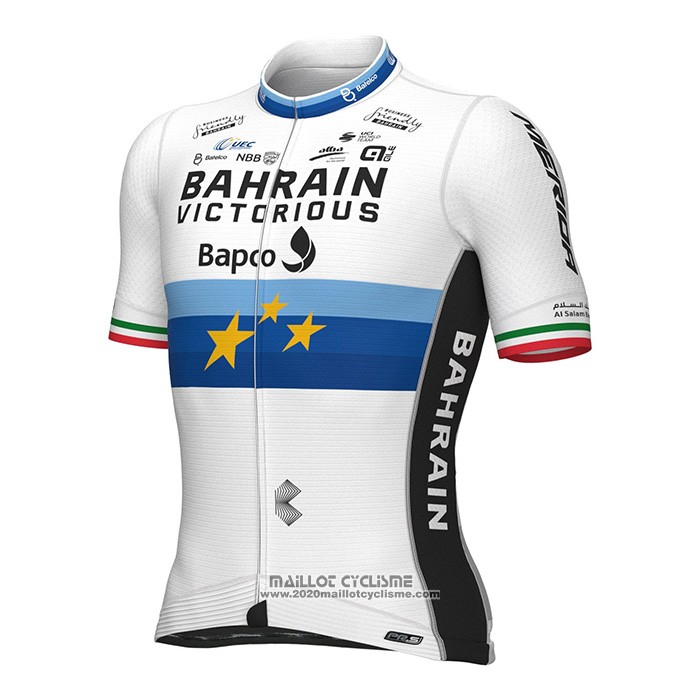 2022 Maillot Cyclisme European Champion Bahrain Victorious Bleu Blanc Manches Courtes et Cuissard
